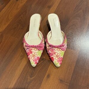 Vintage Amanda Smith Kitten Heel Pink and Green beaded Mules